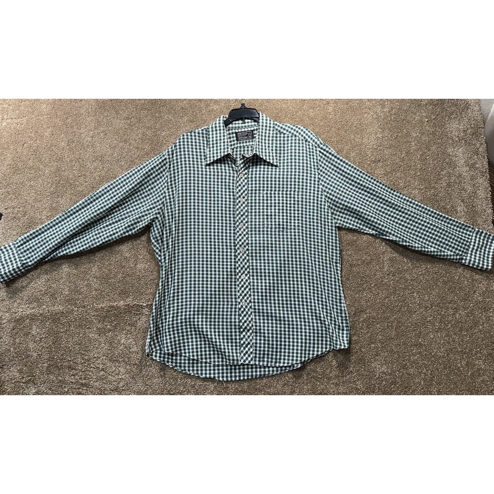 Vintage 70s JC Penney Men's Button Down - XL 17.5 - Green Plaid Western Poly